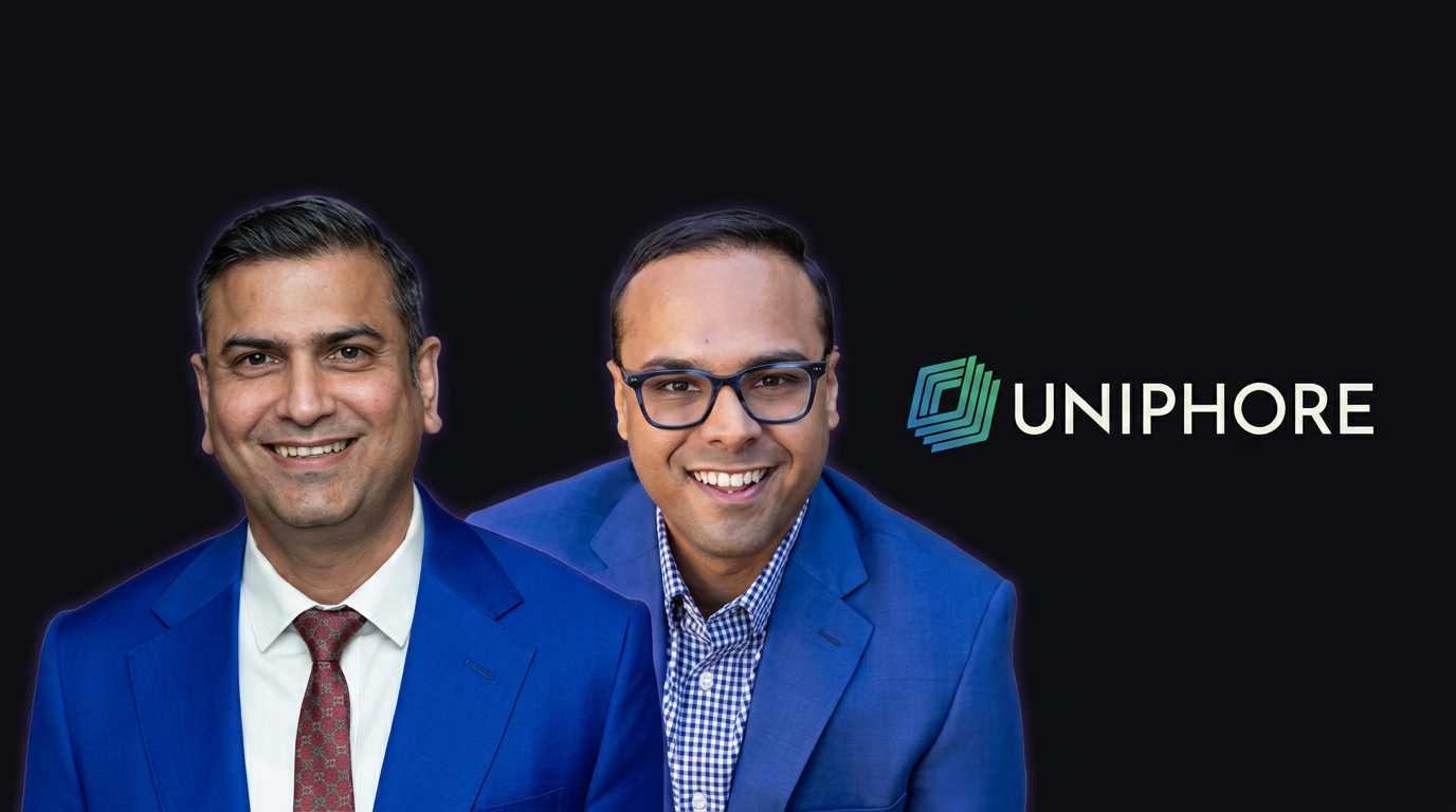 Uniphore cofounders Ravi Saraogi and Umesh Sachdev beside the Uniphore logo